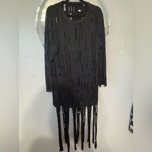SHEIN Black Distressed Cutout Fringe Long-Sleeve Dress